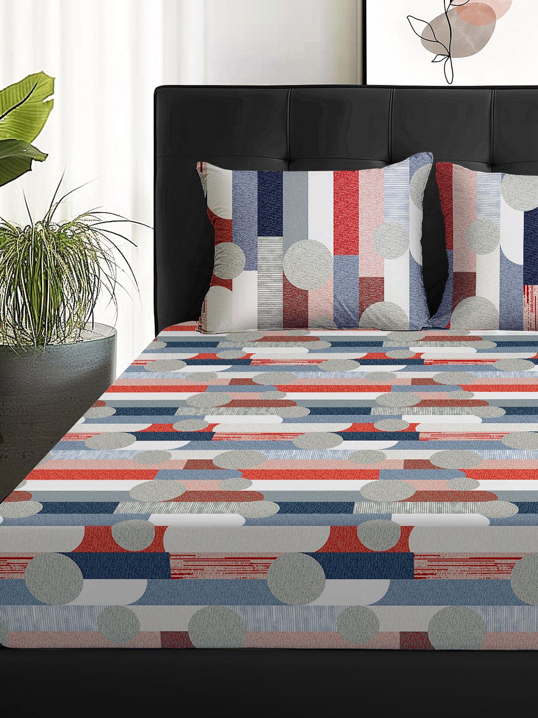 Story@home Arena Grey & Red Printed 180 TC Queen Bedsheet & 2 Pillow Covers