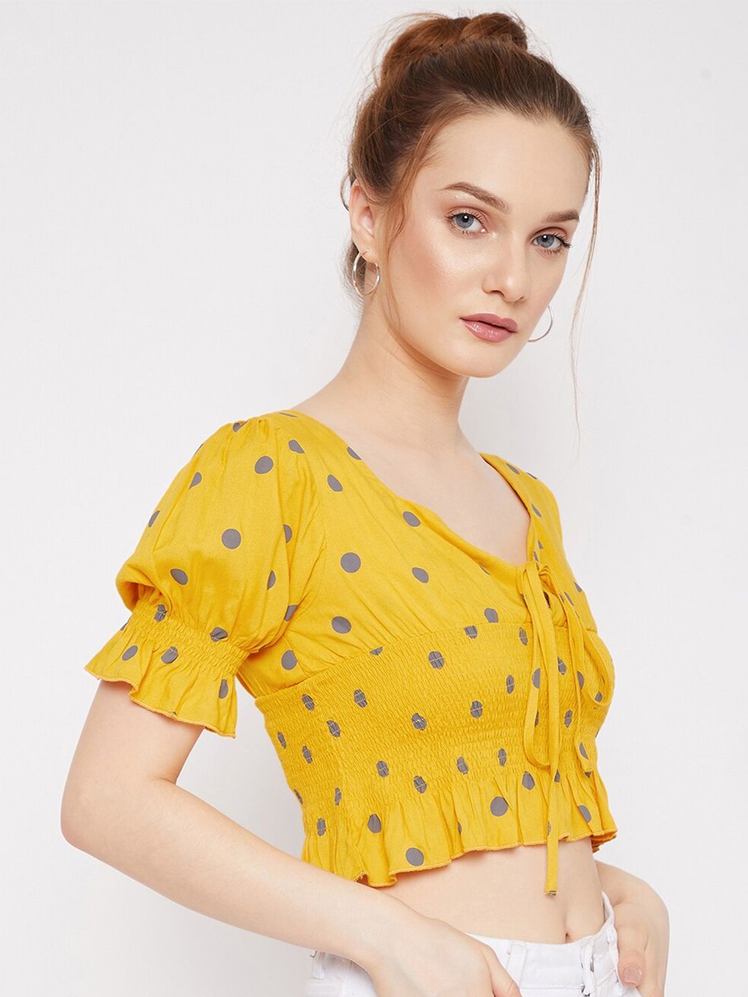 Berrylush Yellow & Blue Polka Dot Printed Crepe Crop Top