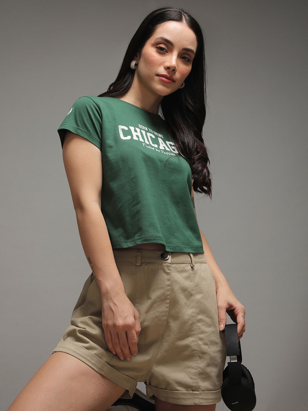 DILLINGER Women Regular Cropped Crew Neck Varsity Printed Tshirt