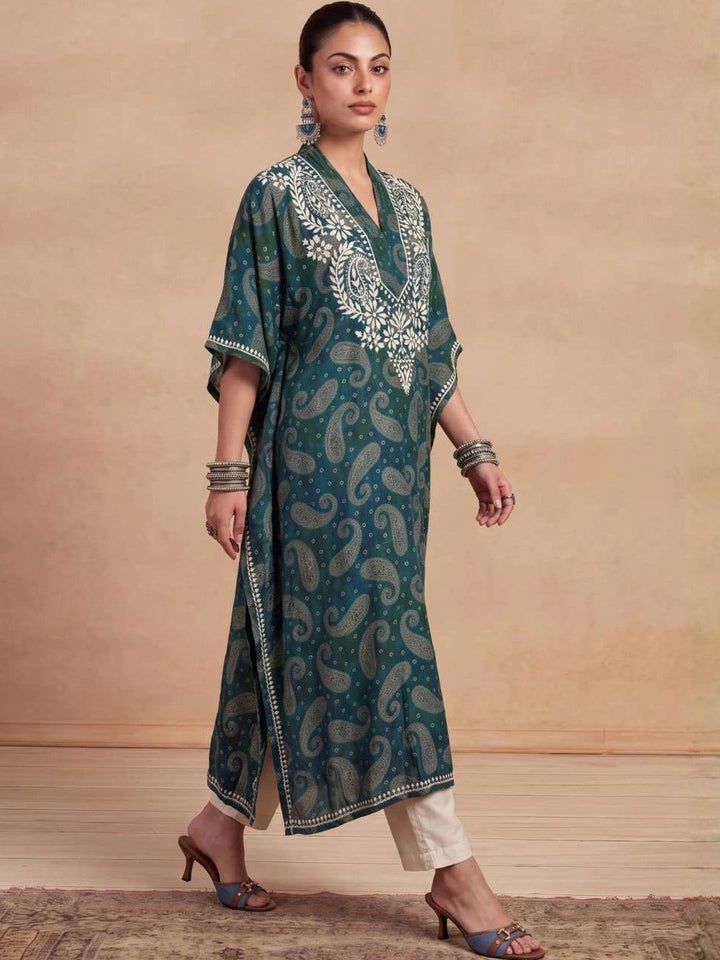 House of Chikankari Women Paisley Printed Extended Sleeves Thread Work Crepe Kaftan Kurta