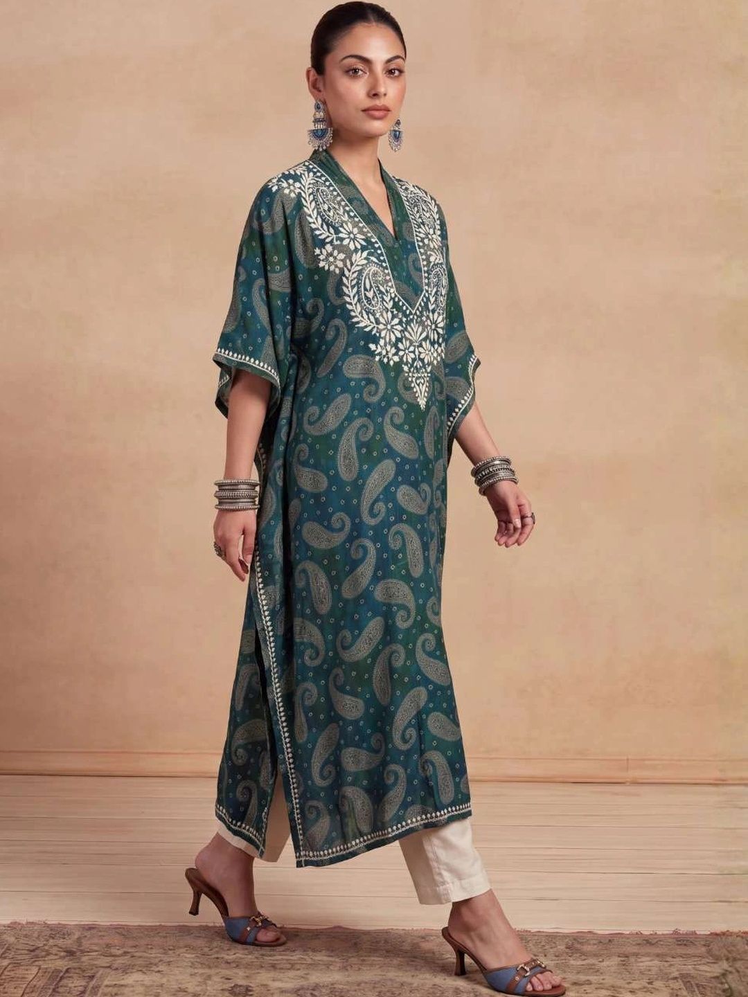 House of Chikankari Women Paisley Printed Extended Sleeves Thread Work Crepe Kaftan Kurta