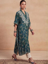 House of Chikankari Women Paisley Printed Extended Sleeves Thread Work Crepe Kaftan Kurta