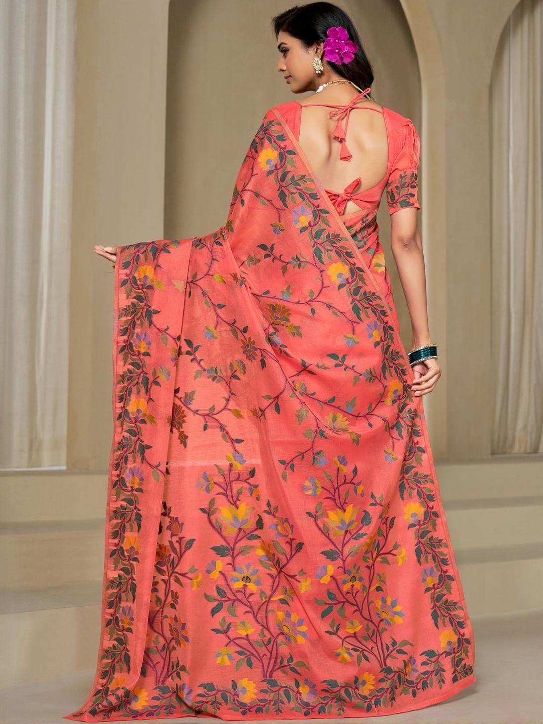 KALINI Orange Pure Cotton Woven Design Sarees
