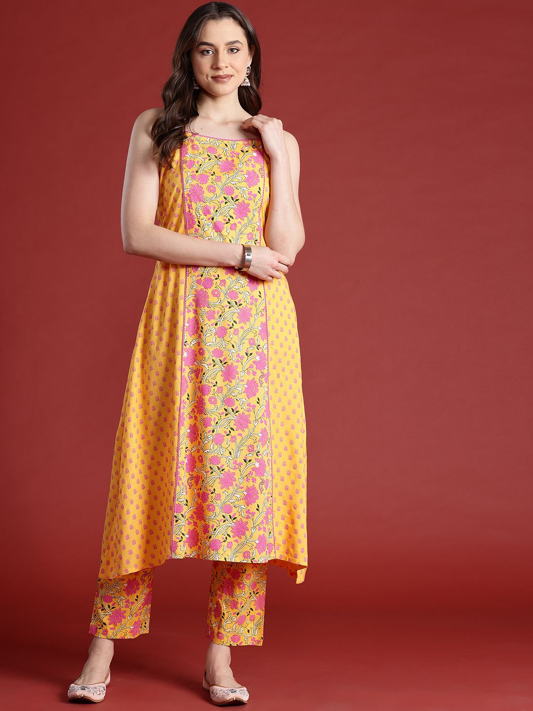 Anouk Floral Printed Shoulder Straps A-Line Kurta Set