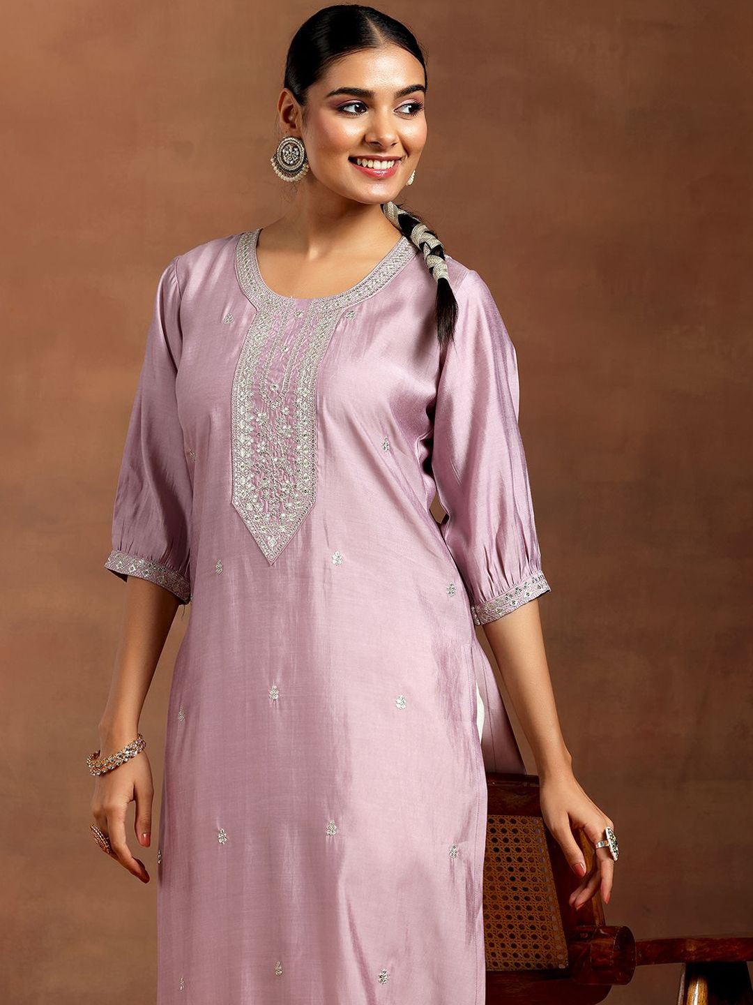 Gerua By Libas Floral Embroidered Puff Sleeves Sequinned Straight Kurta