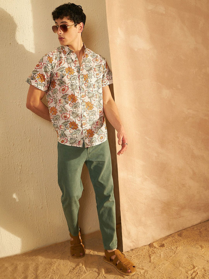 DENNISON Smart Oversized Floral Printed Spread Collar Cotton Lightweight Shirt
