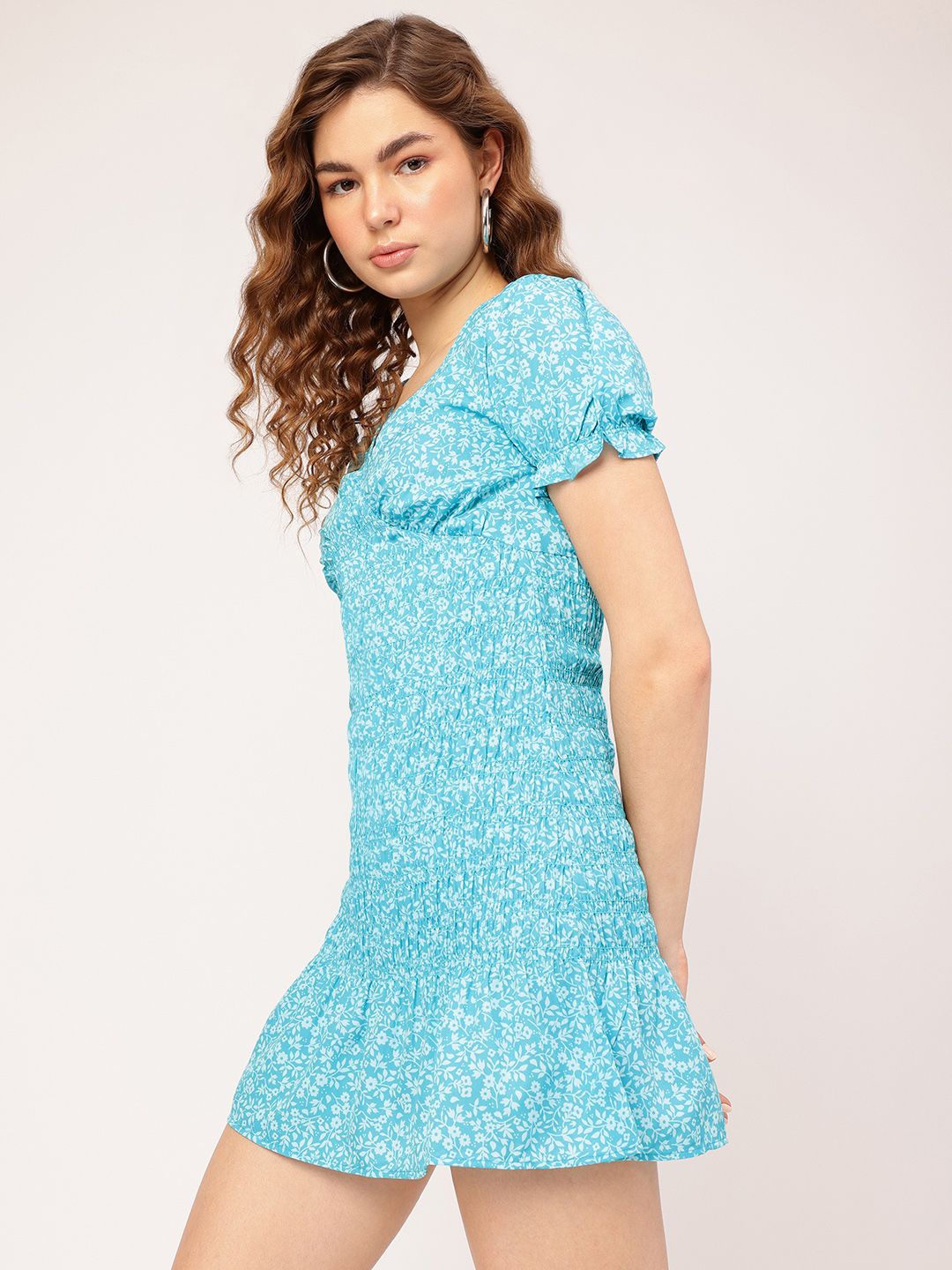 DressBerry Floral Finesse Smocked Printed Mini Empire Dress
