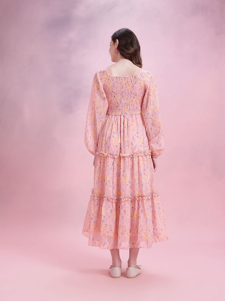 DressBerry Floral Print Tiered A-Line Midi Dress