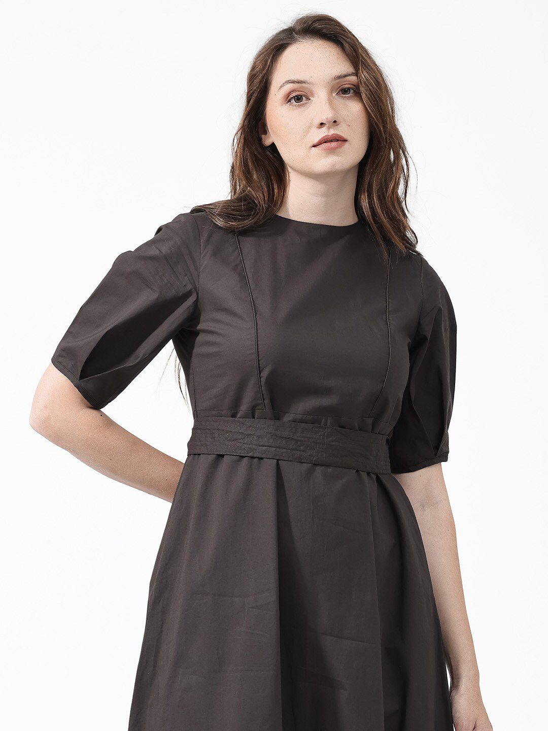 RAREISM Short Sleeves Mandarin Collar Cotton A-Line Midi Dress