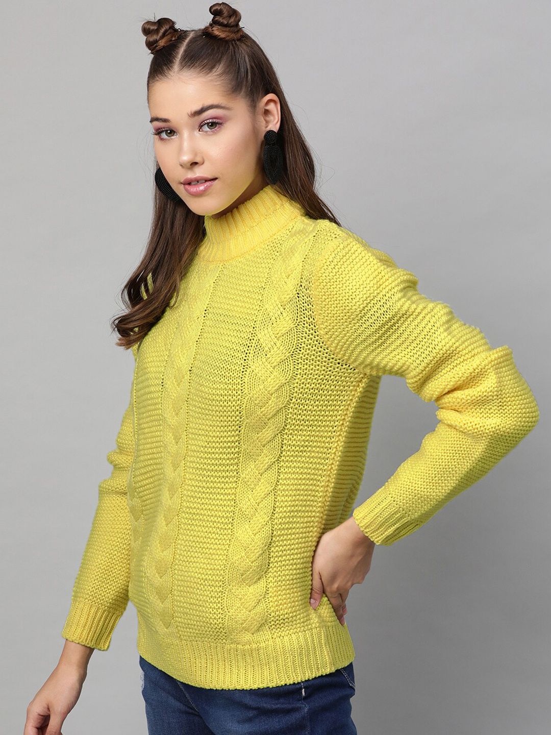 STREET 9 Women Yellow Self Design Pullover Sweater