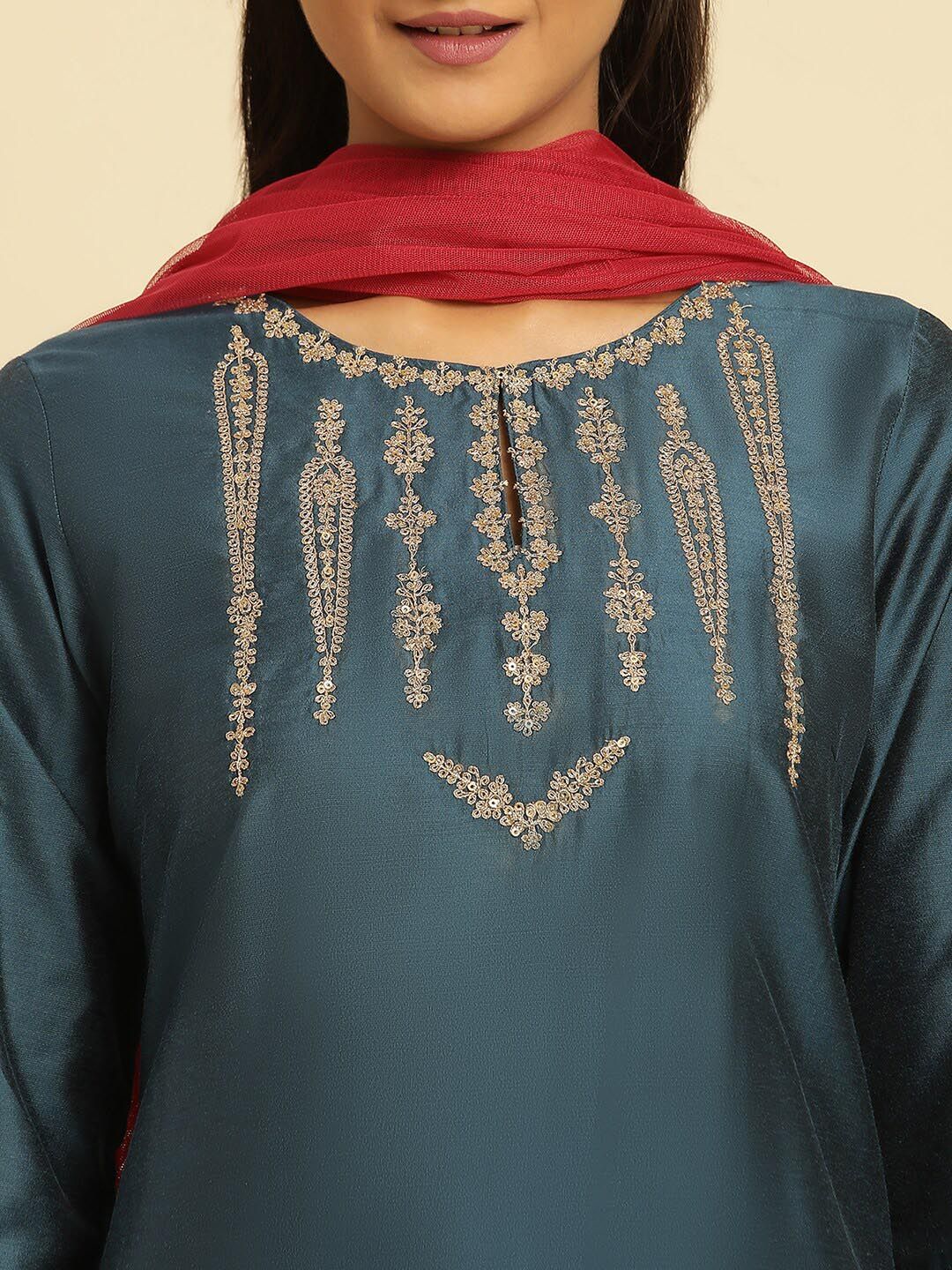 W Embroidered Straight Kurta with Trouser & Dupatta