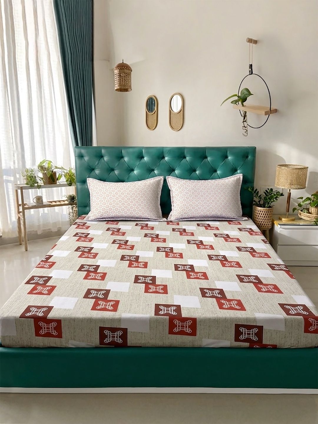 Myntra Elegant Homes Beige & Brown Geometric 400 TC King Bedsheet dengan 2 Sarung Bantal