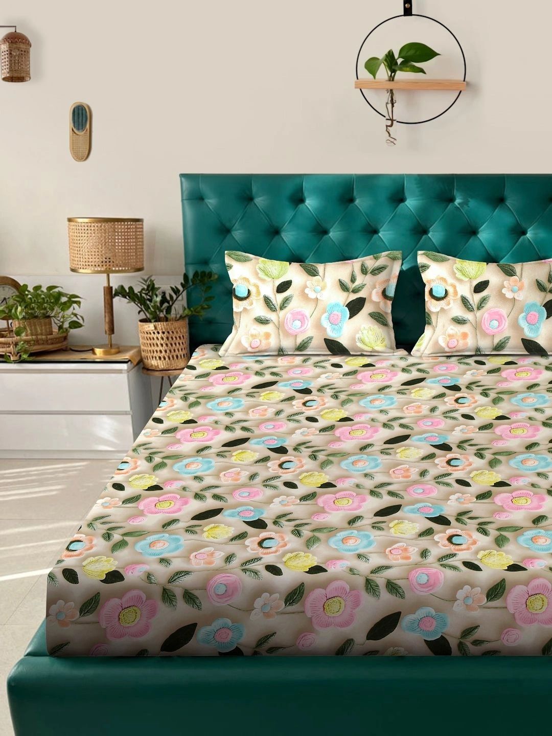 Myntra Elegant Homes Beige Floral 400 TC King Bedsheet with 2 Pillow Covers