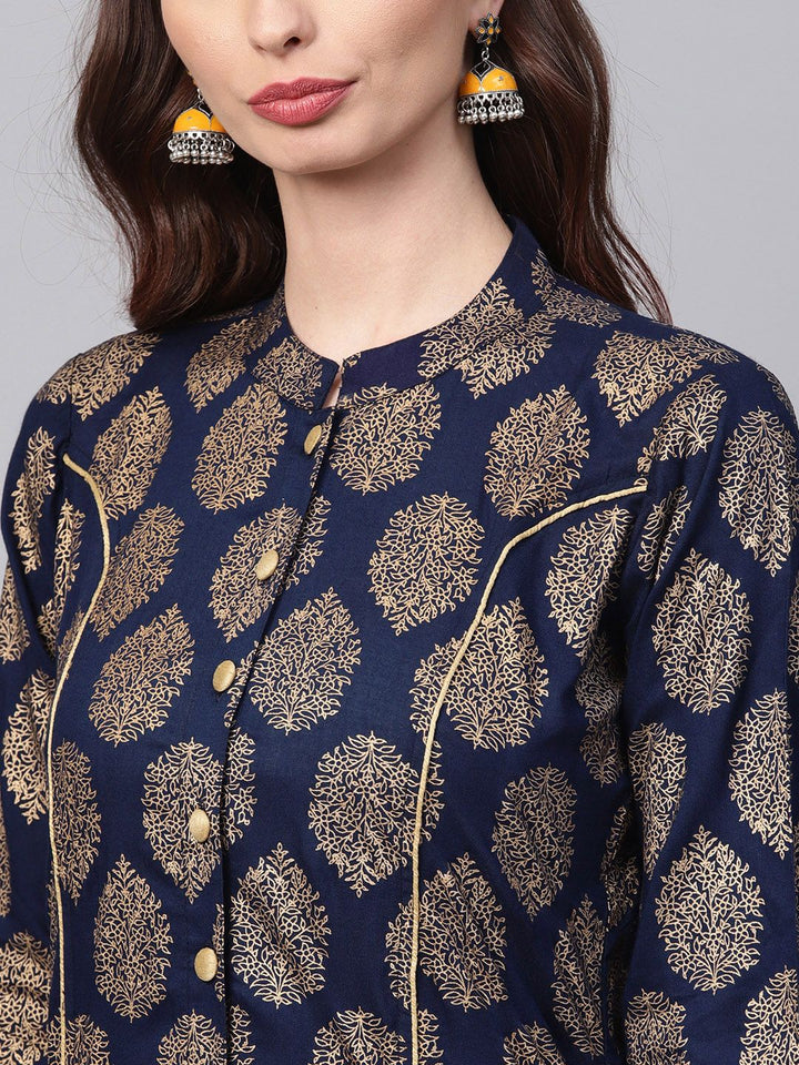 SOJANYA Women Navy Blue & Golden Foil Print Kurta Lurus