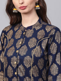 SOJANYA Women Navy Blue & Golden Foil Print Kurta Lurus