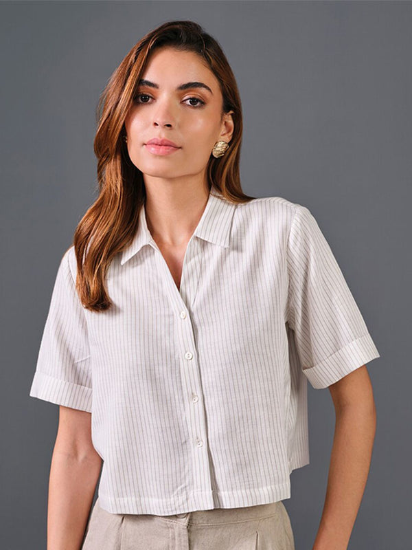AND Striped Pure Cotton Shirt Style Crop Top