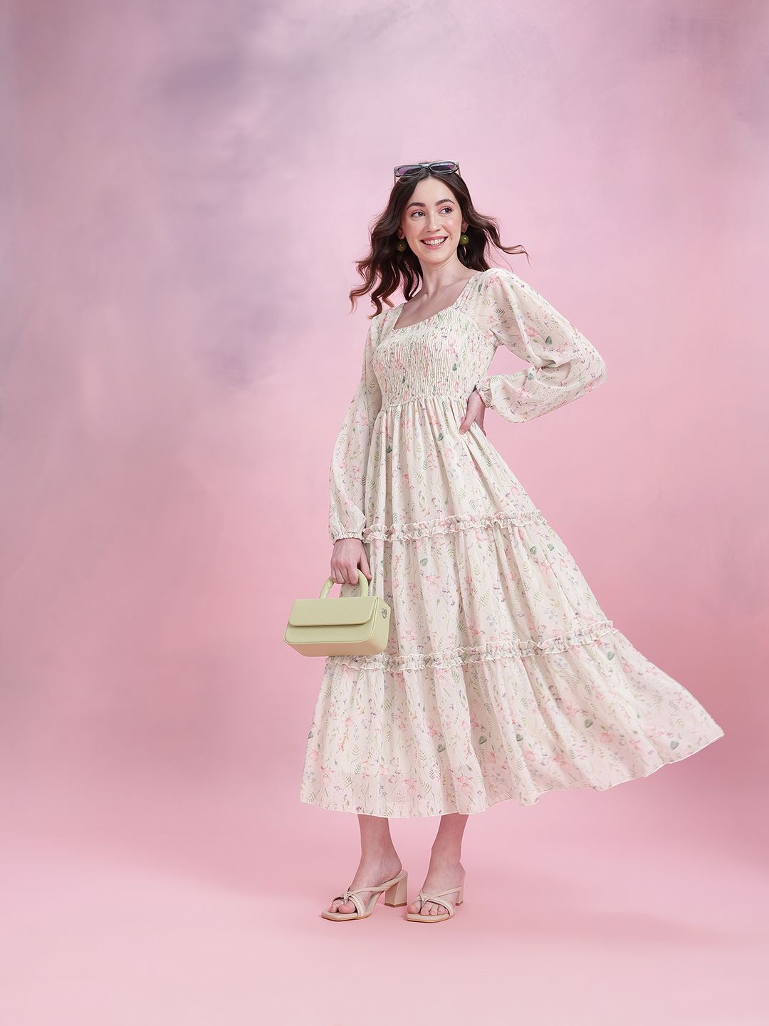 DressBerry Floral Print Tiered A-Line Midi Dress