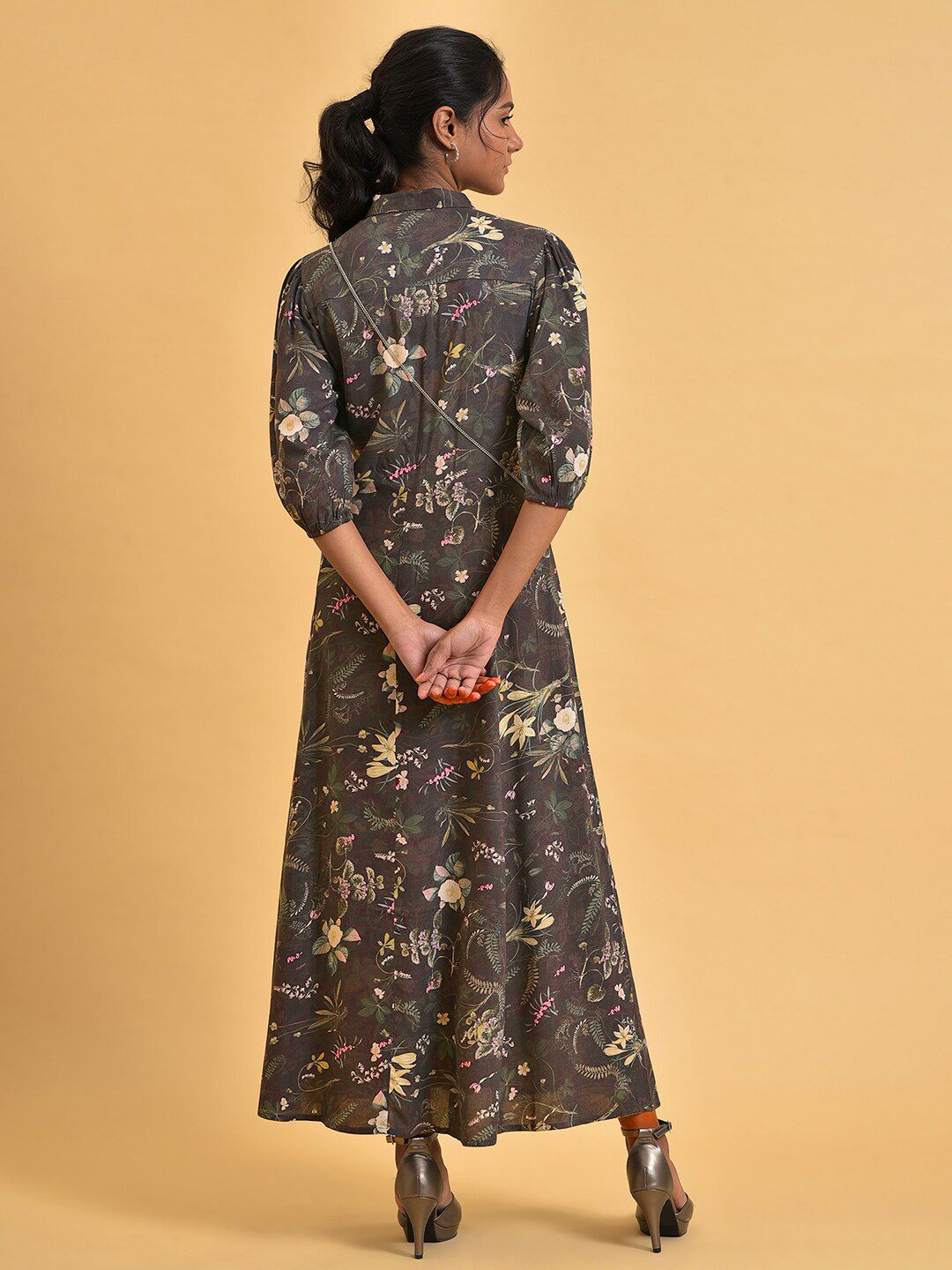 W Shirt Collar Floral Maxi Dress