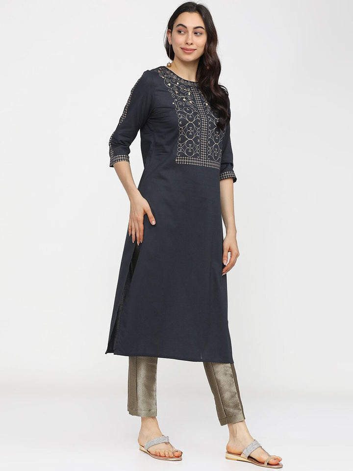Vishudh Women Navy Blue Ethnic Motifs Yoke Design Flared Sleeves Mirror Work Kurta