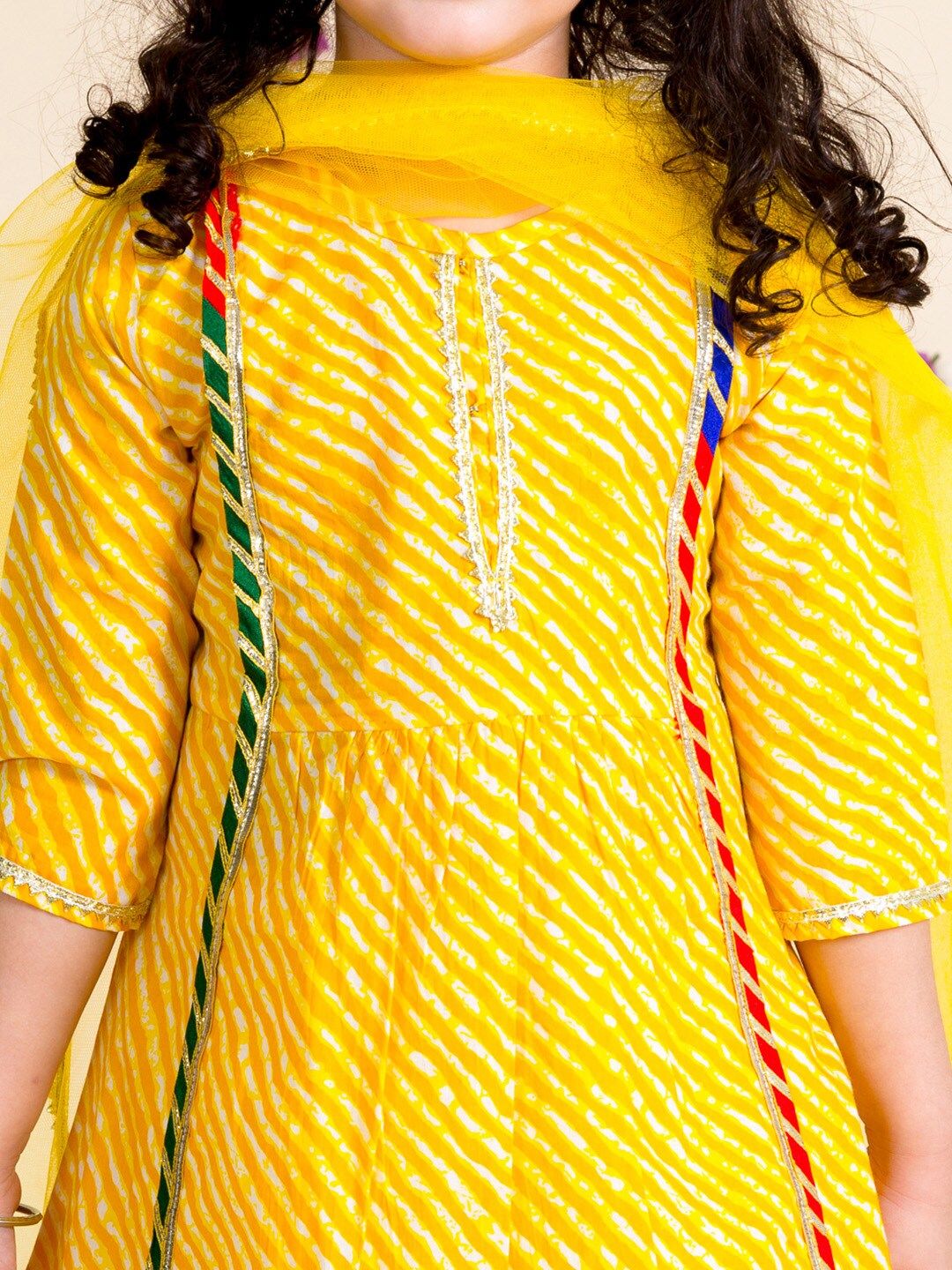 pspeaches Girls Yellow Leheriya Pure Cotton Kurta with Palazzos & With Dupatta