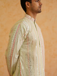 SOJANYA LUXE Striped Embellished Mandarin Collar Mirror Work Georgette Straight Kurta