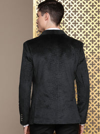 House of Pataudi Tailored Geometric Self Design Velvet Finish Single-Breasted Party Blazer