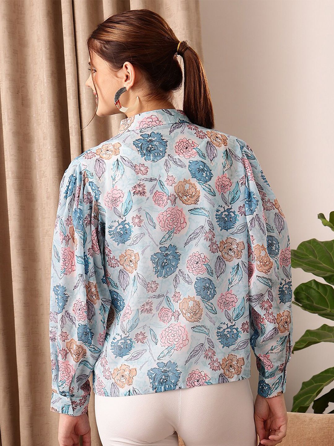 STREET 9 Blue Floral Printed Puff Sleeves Shirt Style Top