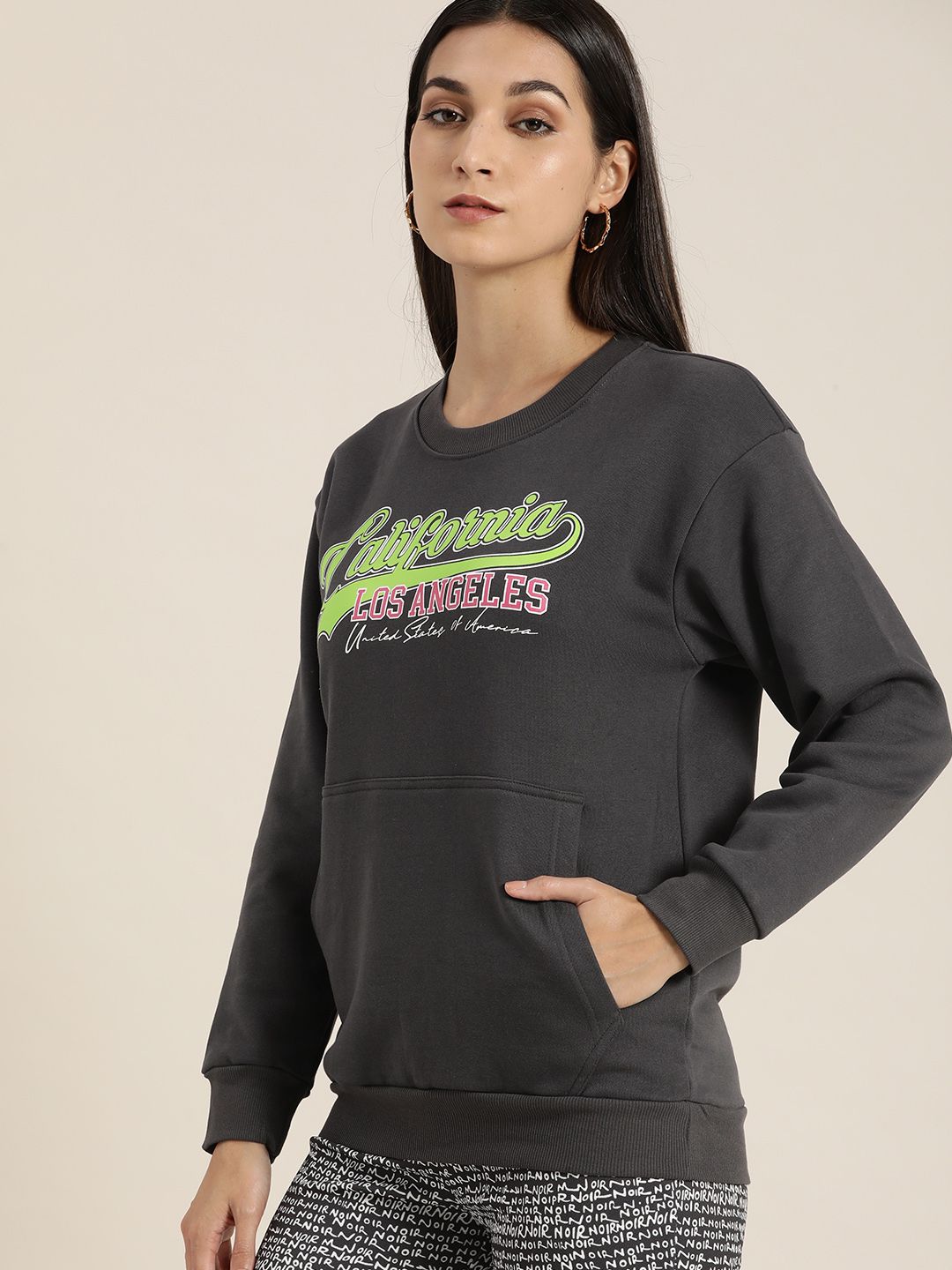 DILLINGER Women Charcoal Printed Oversized Sweatshirt