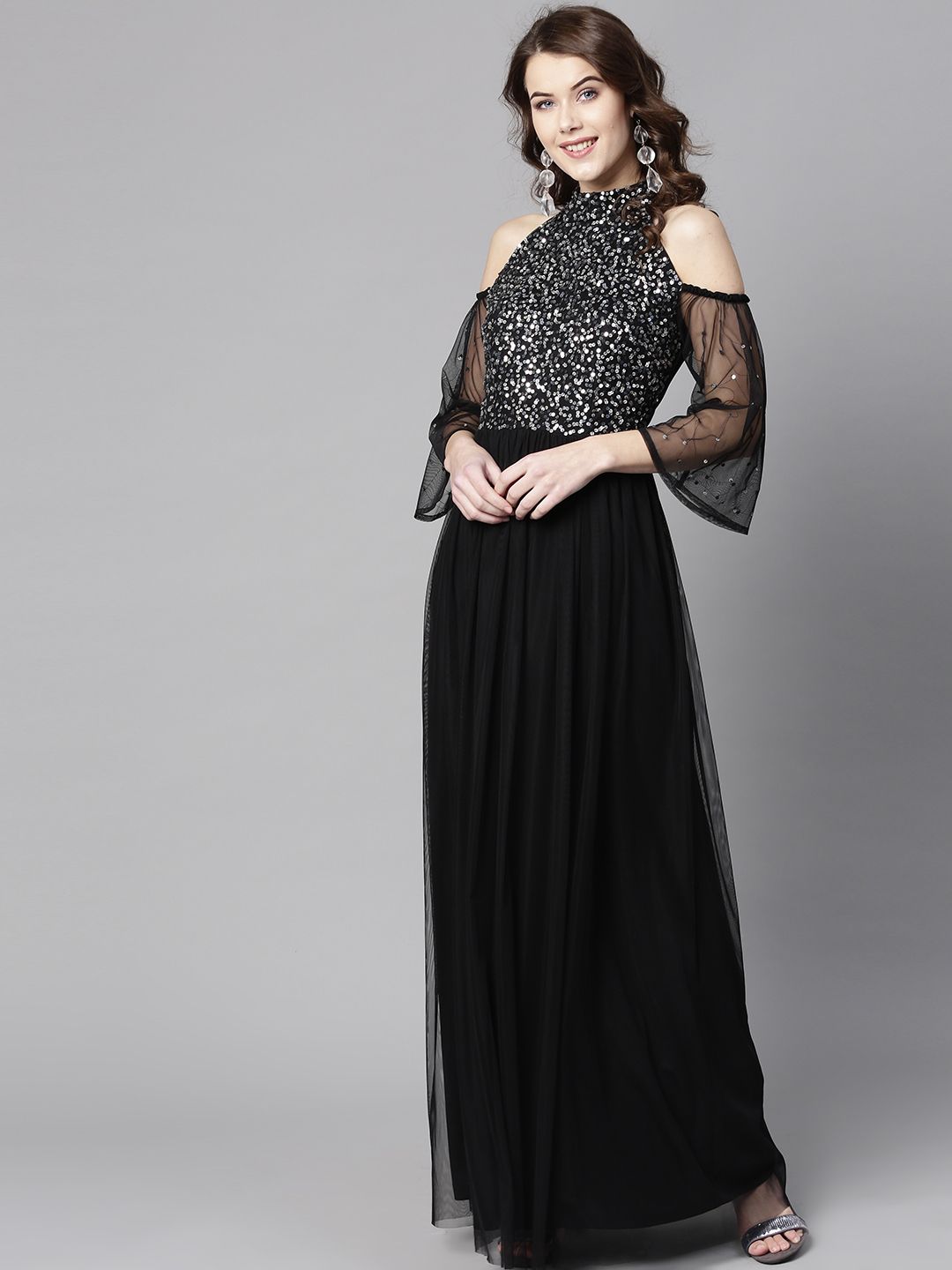 STREET 9 Women Black Solid Maxi Dress with Sequinned Detail
