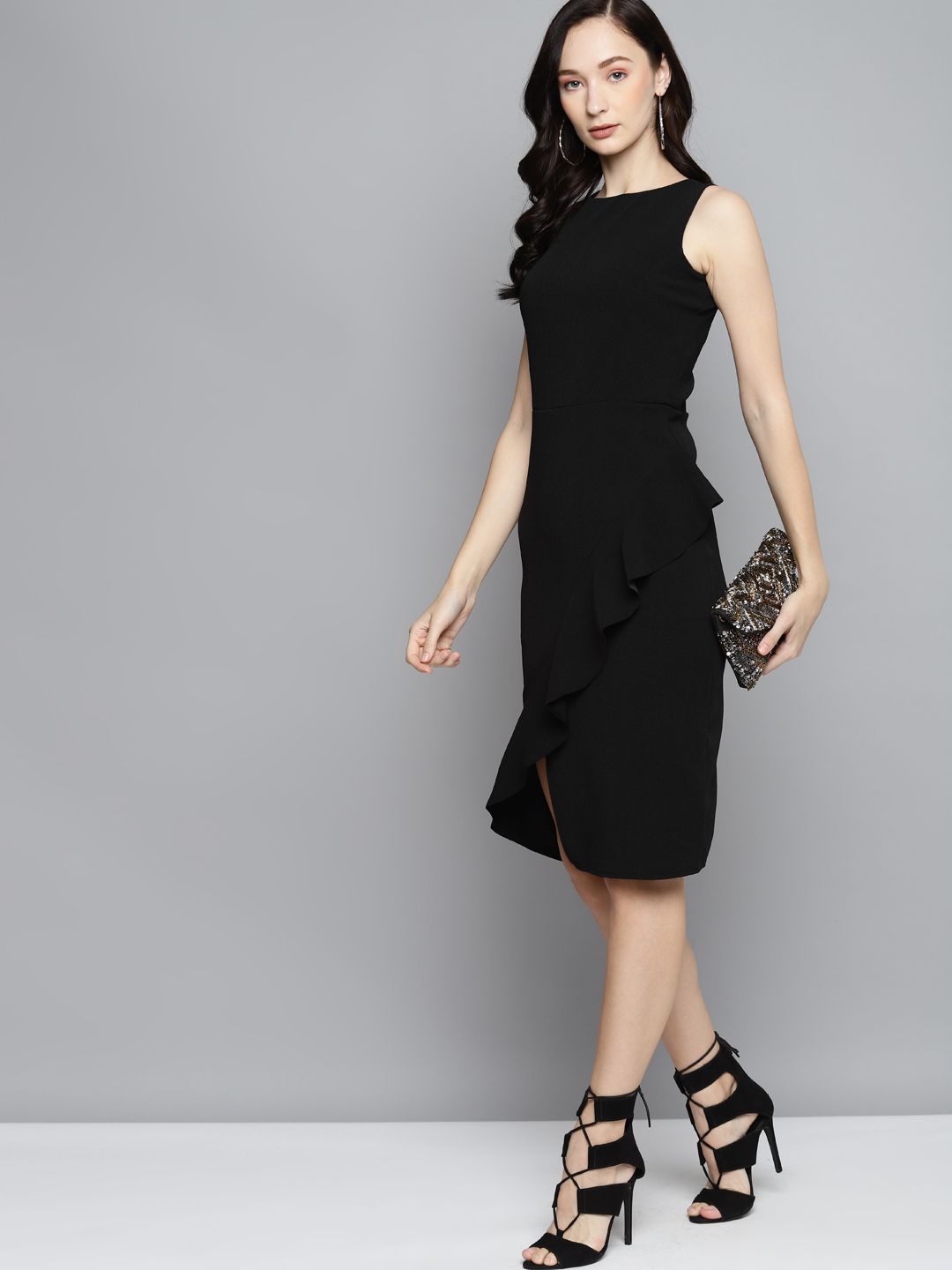 SASSAFRAS Black  One Side Frill Bodycon Dress