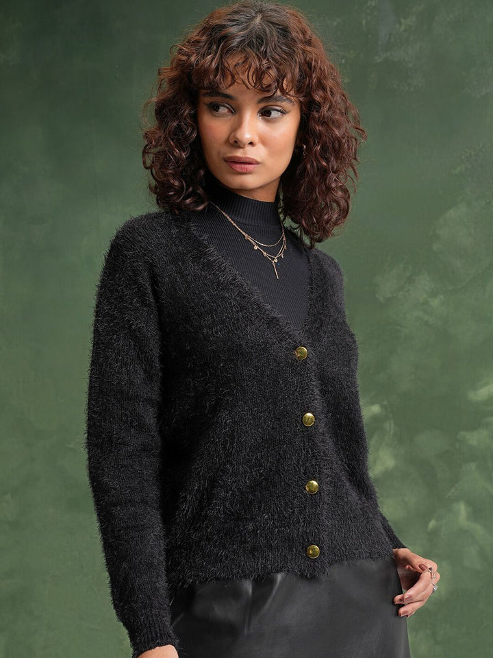 Tokyo Talkies Black Self Designed V-Neck Crop Acrylic Cardigan