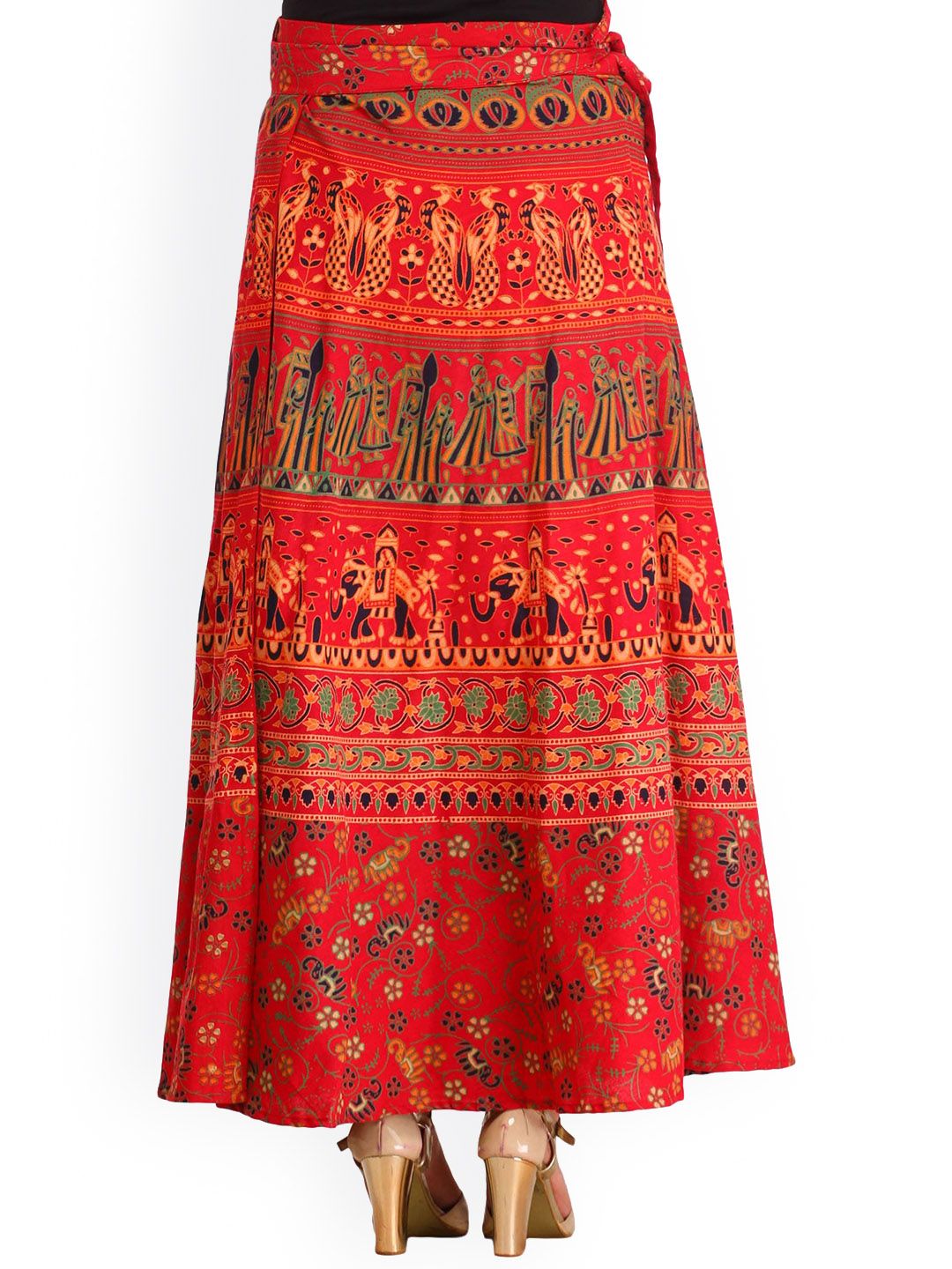 Exotic India Tomato Puree Wrap-around Long Skirt with Printed Wedding Scenes