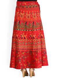 Exotic India Tomato Puree Wrap-around Long Skirt with Printed Wedding Scenes