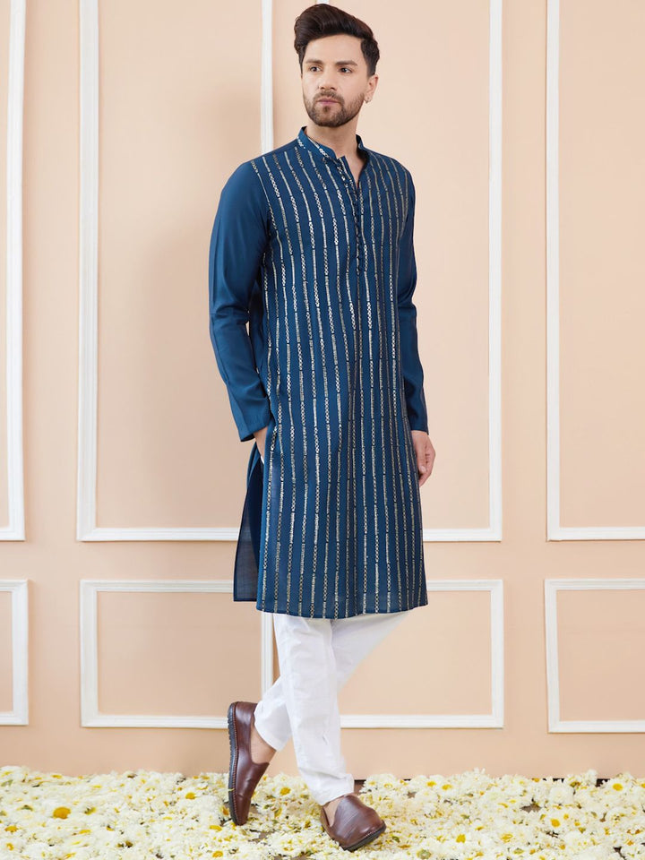 See Designs Striped Mandarin Collar Chanderi A-Line Kurta