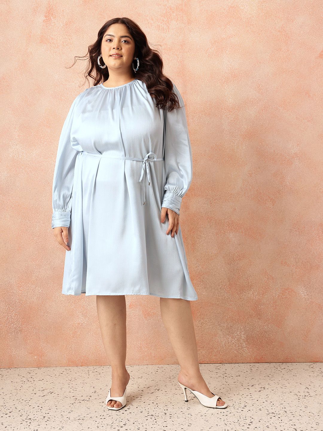 all about you Plus Size Puff Sleeve Satin Finish A-Line Party Dress with Tir-up Detail