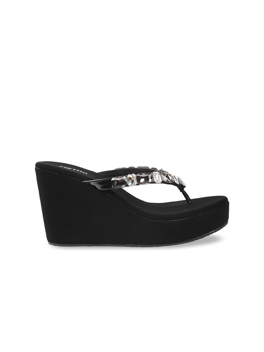 Metro Black & Silver-Toned Embellished Wedges