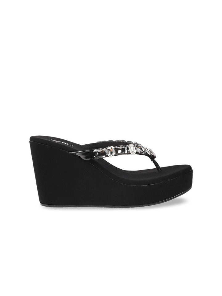 Metro Black & Silver-Toned Embellished Wedges