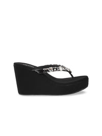 Metro Black & Silver-Toned Embellished Wedges
