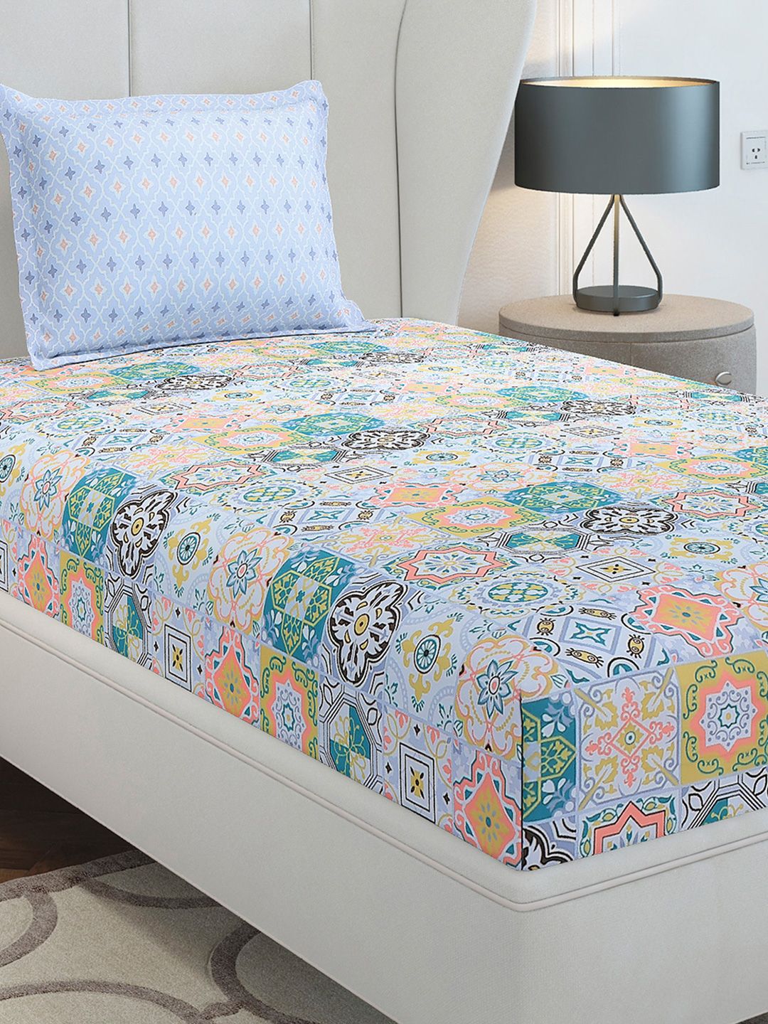 Monte Carlo White & Blue Ethnic Motifs Printed 144 TC Single Bedsheet Set 2.29 m x 1.52 m