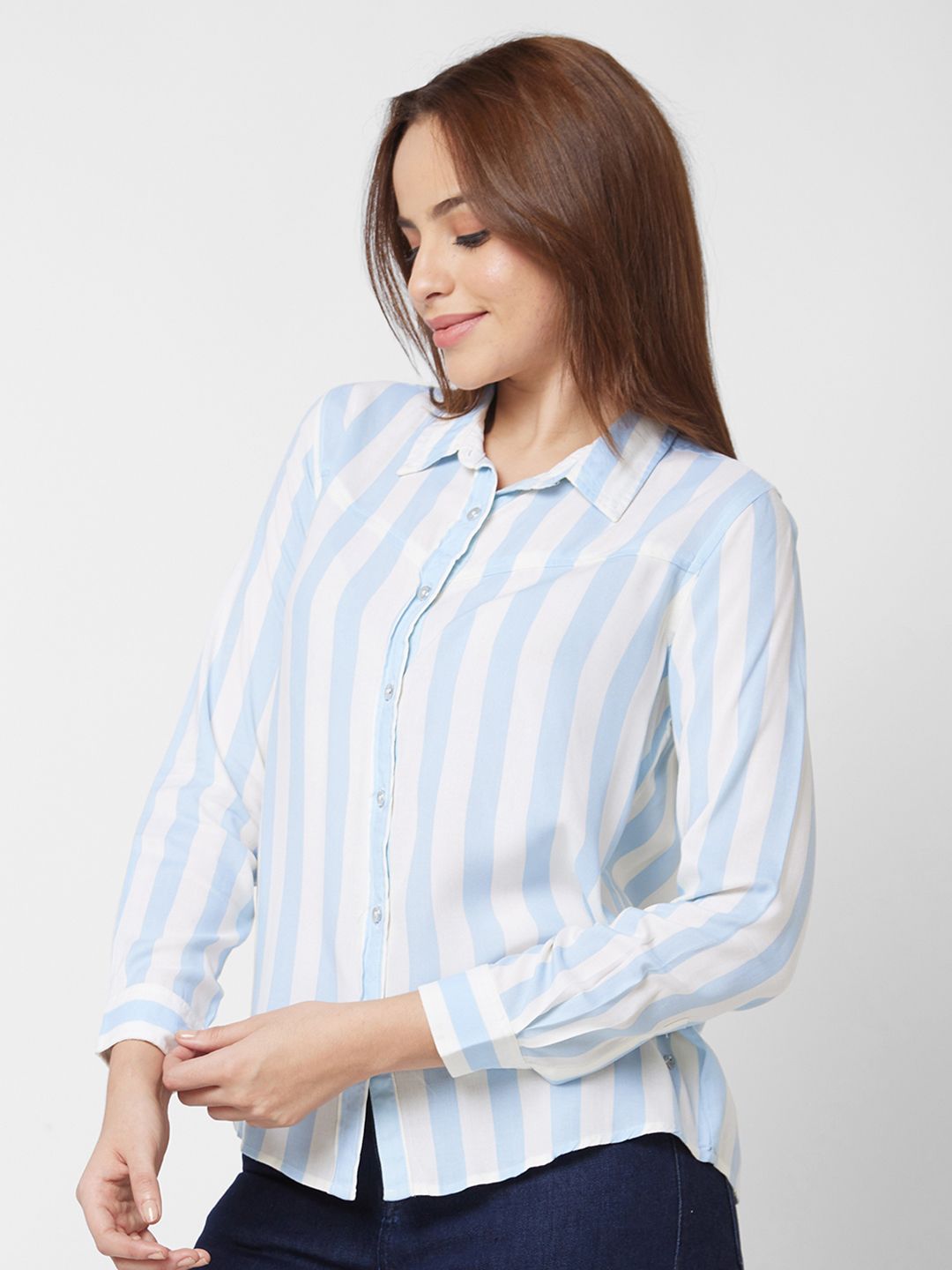 SPYKAR Women Blue Striped Shirt