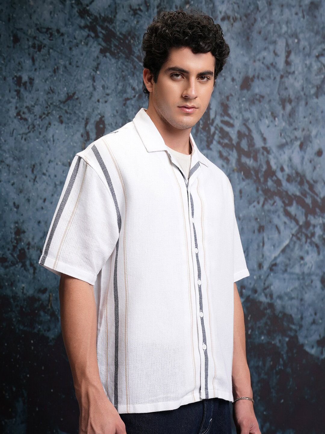 Locomotive Men White Mock Lino Dobby Textured Striper Camp Collar Oversized Shirt