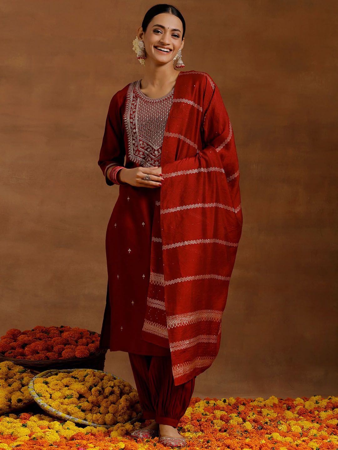 Libas Floral Embroidered Regular Sequinned Kurta With Salwar & Dupatta