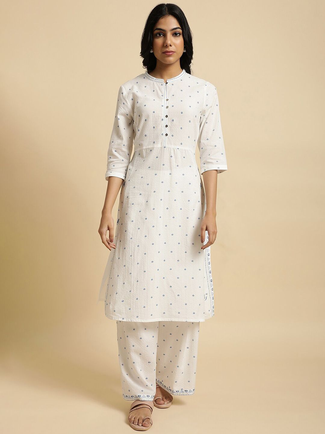 W Floral Print Cotton Kurta Set With Palazzos