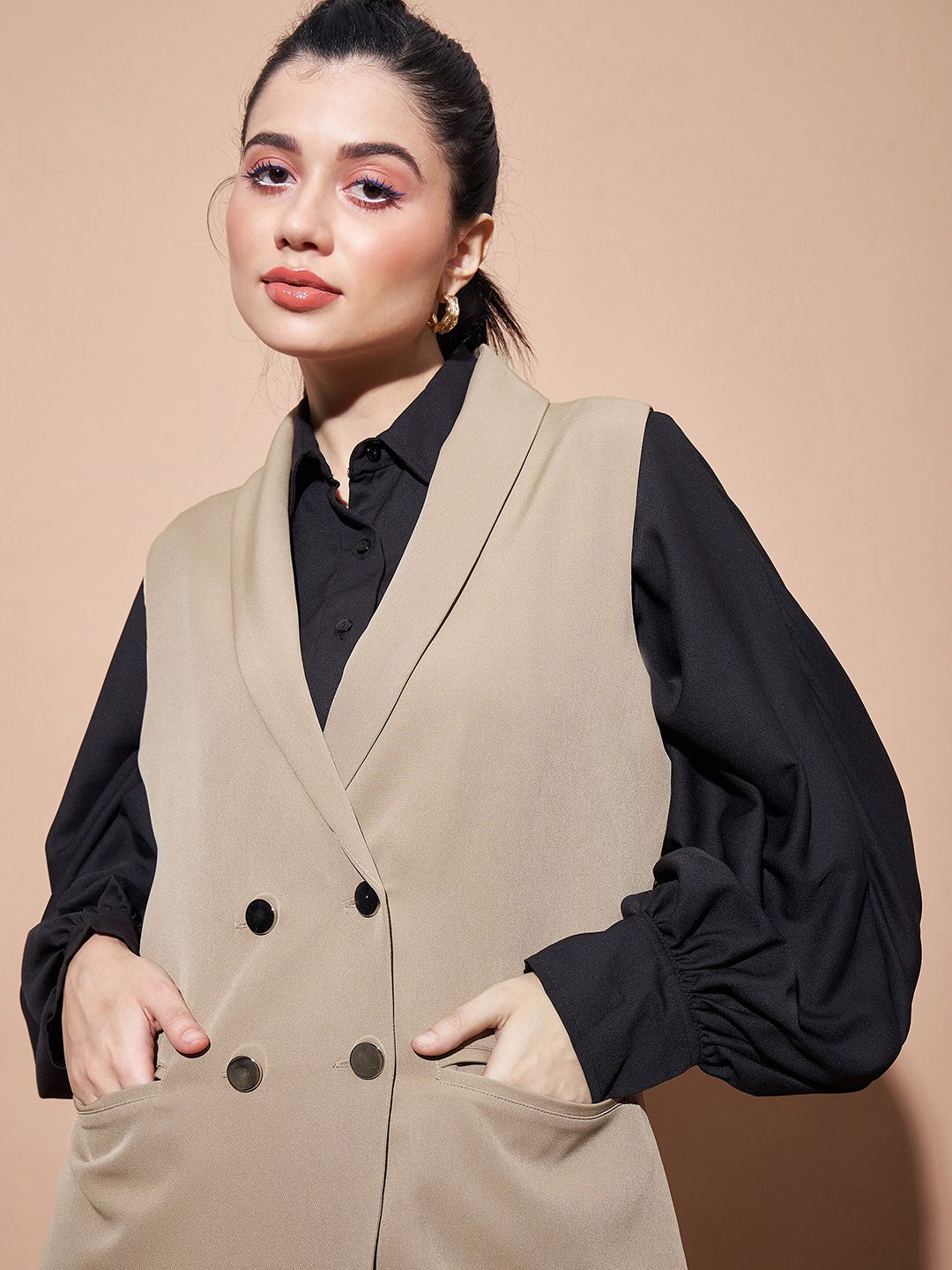 SASSAFRAS BASICS Comfort-Fit Shawl Collar Double-Breasted Longline Casual Blazer