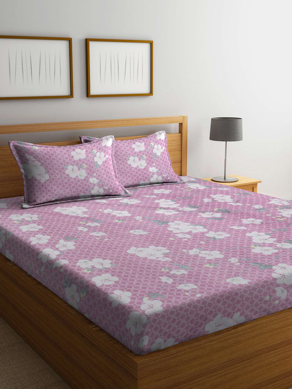 KLOTTHE Purple & White Floral-Printed 300TC Fitted Double Bedsheet With 2 Pillow Covers