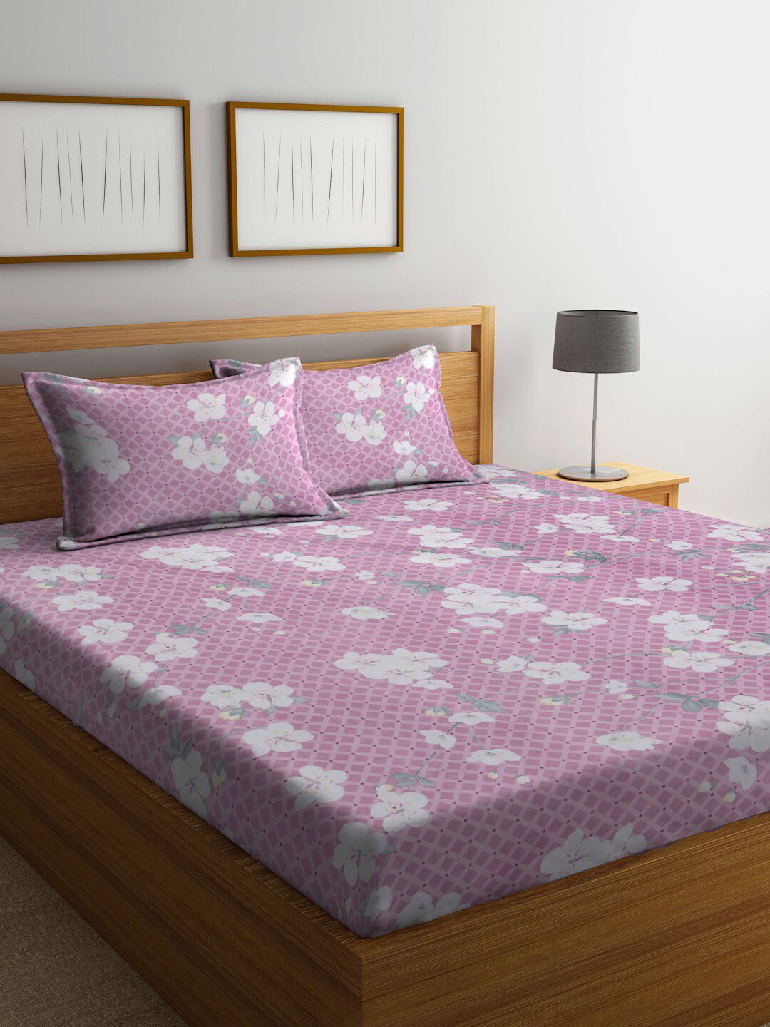 KLOTTHE Purple Floral Cotton 300 TC Fitted King Fine Bedsheet with 2 Pillow Covers-98 x 89 inches