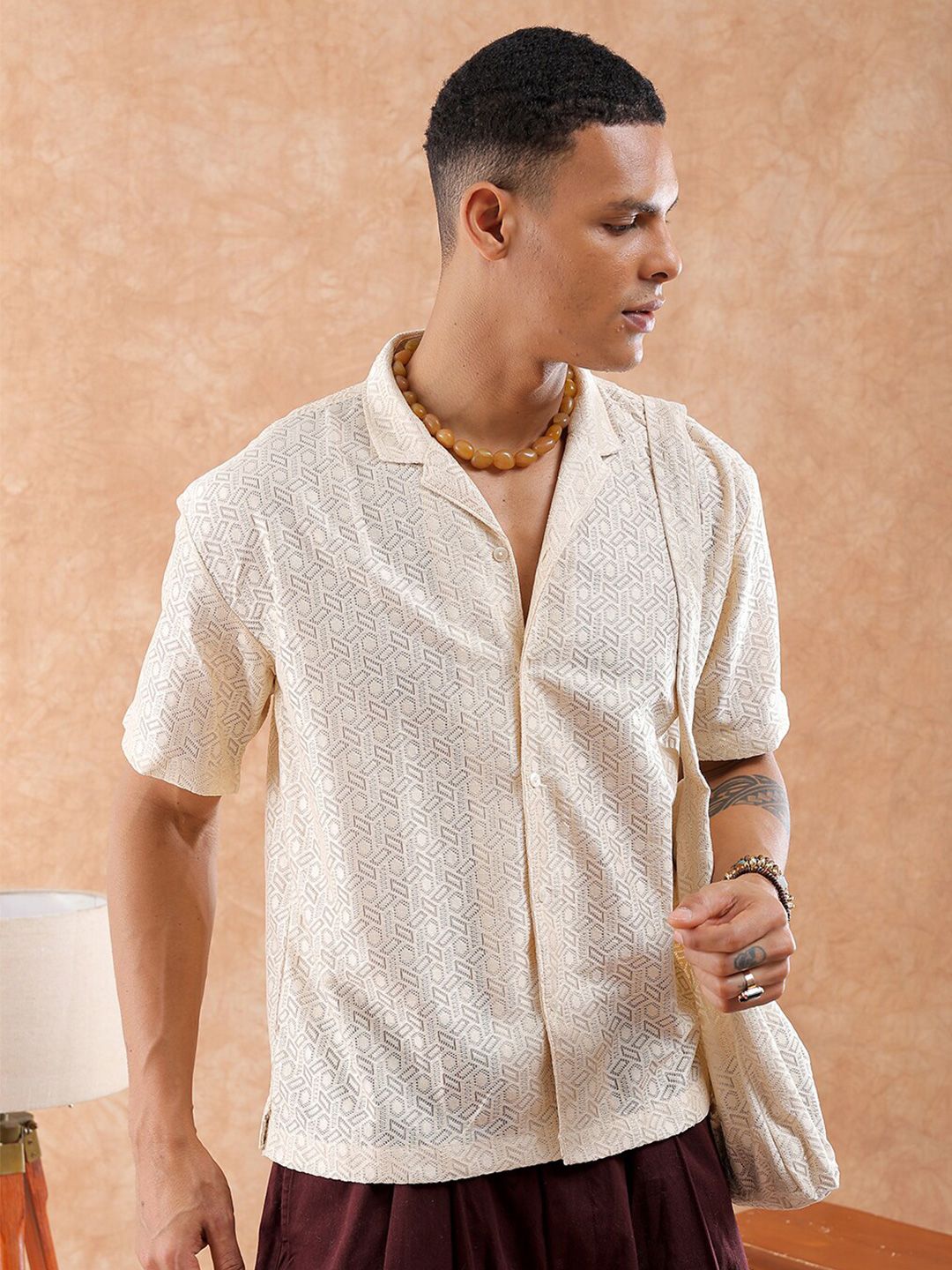 The Indian Garage Co Men Relaxed Fit Solid Warp Knit Lace Resortwear Shirt
