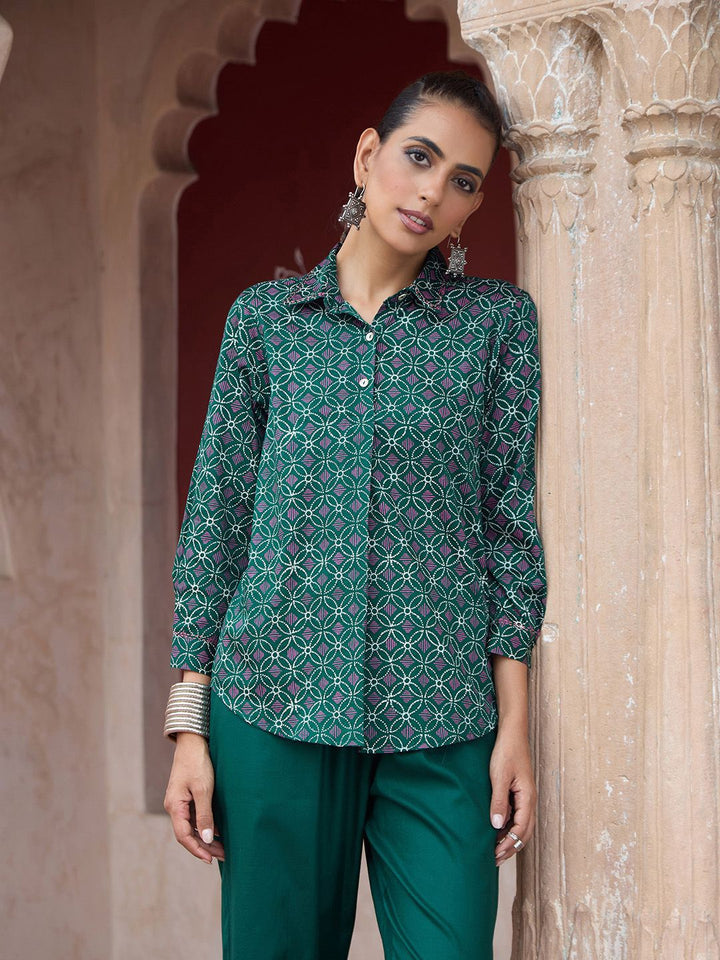House of Chikankari Women Dark Green Cotton Hand Block Set Co-Ord