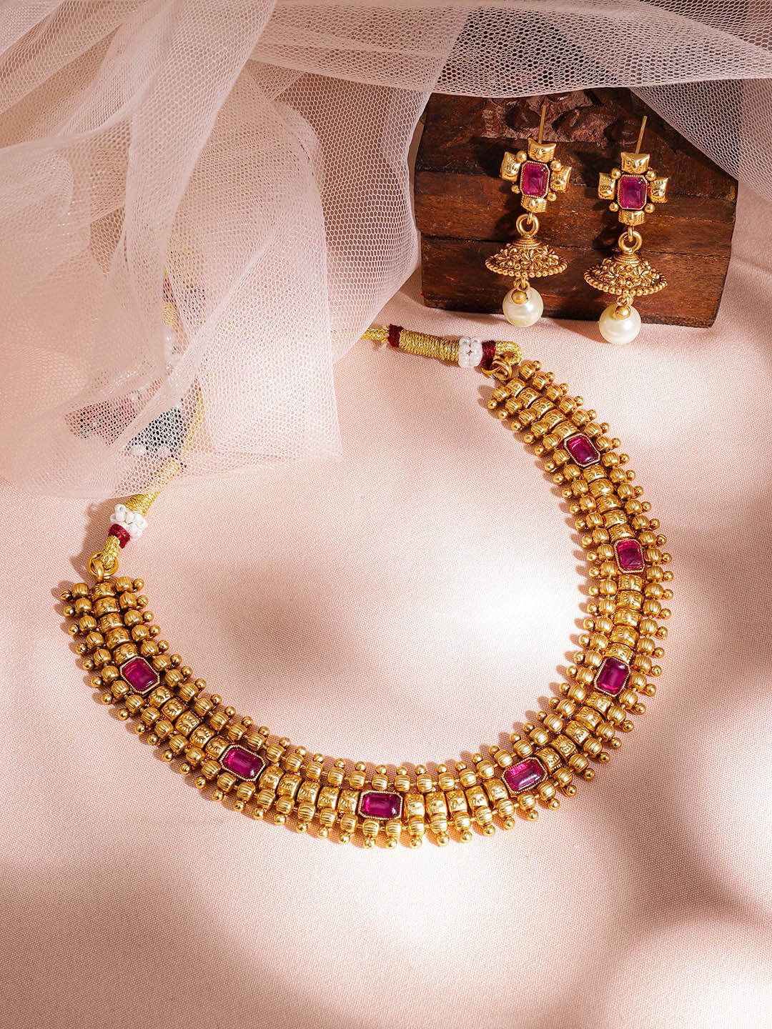 Rubans 22K Gold Plated Handcrafted Ruby Stone Studded and Gold Beaded Jewellery Set