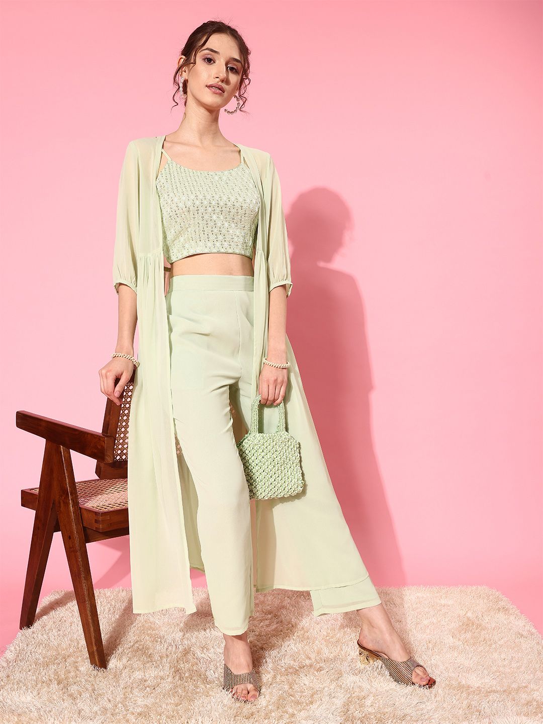 Libas Green Crop Top With Trousers & Shrug